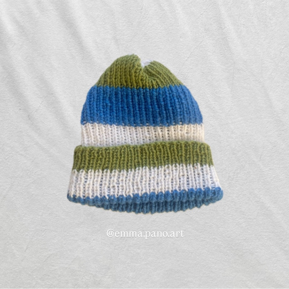 blue green white chunky striped ribbed fisherman style beanie hat